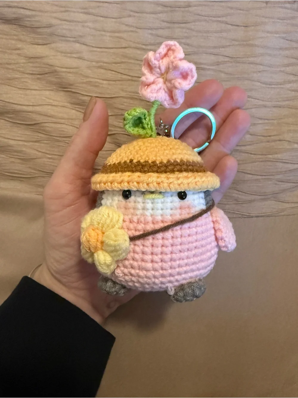 Handmade Pink Crochet Chick Keychain with Flower Hat
